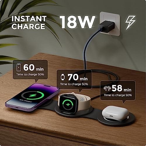 3 in 1 Charging Station for Apple Multiple Devices, Hicober Travel Wireless Charger for Magsafe Charger Foldable Stand Compatible for Apple Watch/iWatch/Airpods/for iPhone 14 13 12 Pro Max Black