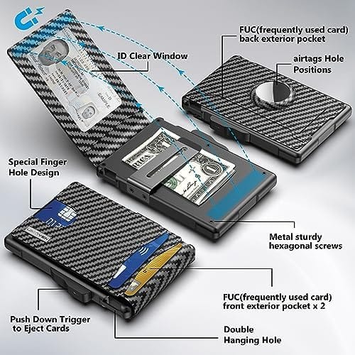 umoven AirTag Wallet for Men - with Pop Up Aluminum Case Money Clip Slim Leather Slots Credit Card Holder RFID Blocking Bifold Minimalist Wallet with Gift Box (No Airtag Included)