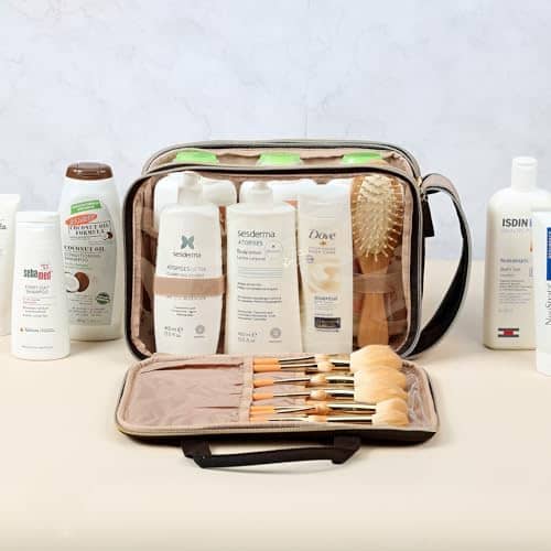NISHEL Travel Toiletry Bag for women, Portable Organizer, Stand Up Toiletry Bag for Shampoo, Conditioner, Brushes Set, Travel Essentials, Black