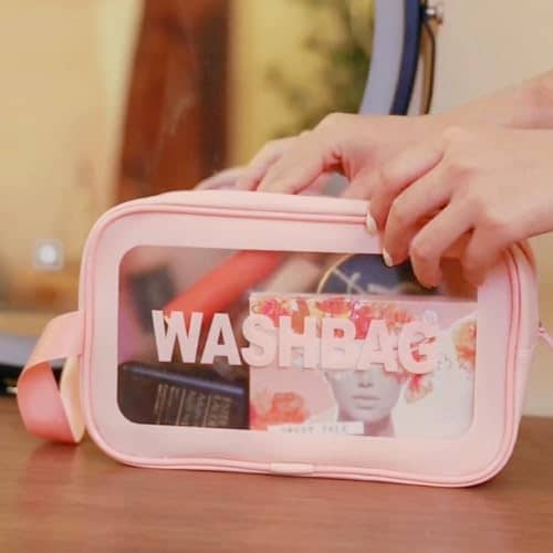 Waterproof Travel Toiletry Bag for Women,Medium Capacity oiletry Bag, Clear Makeup Cosmetic Bag with Handy Handle,Carry-on Essentials Travel Organizer for Toiletries (Pink M)