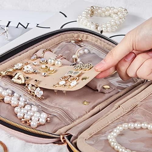 NISHEL Travel Jewelry Case, Travel Organizer for Necklaces, Earrings, Rings, Bracelets, Watch, Pink