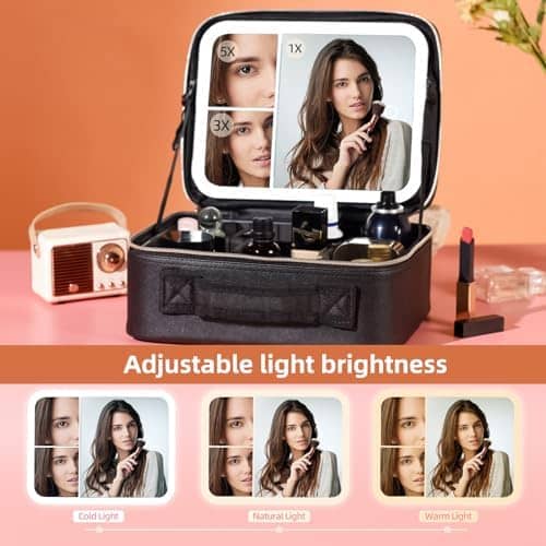 Travel Makeup Bag with LED Lighted Make up Case with 3X 5X Magnification Mirror Cosmetic Makeup Box Organizer Vanity Case for Women Beauty Tools Accessories Case Rechargeable