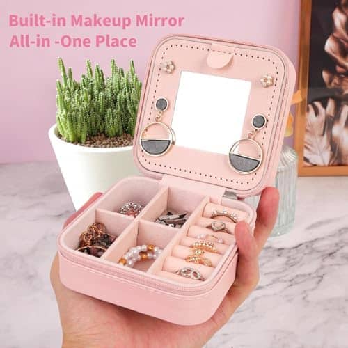 Travel Jewelry Case Jewelry Box, Travel Essentials Accessories for Women, Ring Necklace Earring Jewelry Holder Organizer Box with Mirror, Gifts for Women Mom Grandma Birthday Valentine's Day