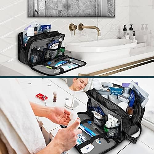 PAVILIA Toiletry Bag for Men, Travel Toiletries Bag | Water-resistant Dopp Kit, PU Leather Shaving Pouch Organizer for Accessories, Cosmetic, Hygiene, Grooming Essentials (XL, Black)