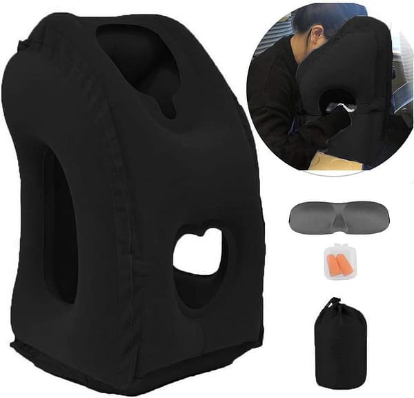 KVNTOOLS Inflatable Neck Travel Pillow Used for Airplanes/Cars/Buses/Trains/Office Napping with Free Eye Mask/Earplugs， Comfortably Support Head, Neck and Lumbar,Black